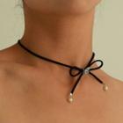 Bow Faux Pearl Leather Choker Black & Silver - One Size