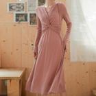 V-neck Twisted Long-sleeve Midi A-line Dress