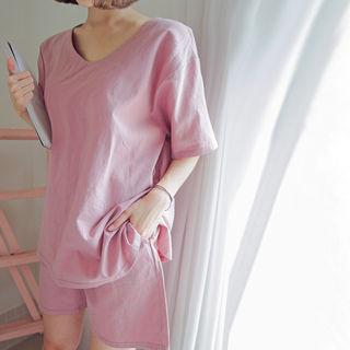 Set: Linen Blend T-shirt + Band-waist Shorts