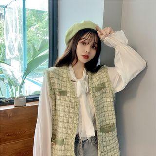 Lace Trim Tie-neck Blouse / Tweed Vest