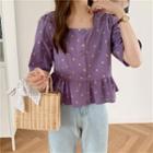Elbow-sleeve Floral Square Neck Blouse