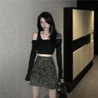 Tank Top With Long-sleeve Cropped T-shirt / Leopard Print Mini A-line Skirt