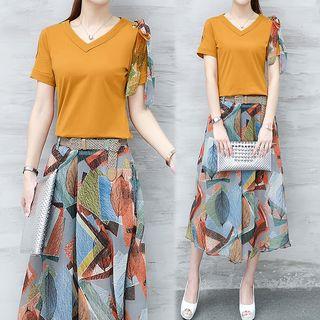 Set: Short-sleeve T-shirt + Printed Wide Leg Cropped Pants