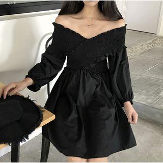 Shirred Off-shoulder Long-sleeve A-line Dress