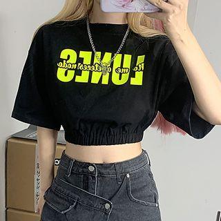 Elbow-sleeve Lettering Print Crop Top