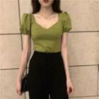 V-neck Puff-sleeve Top / Plain Wide-leg Pants