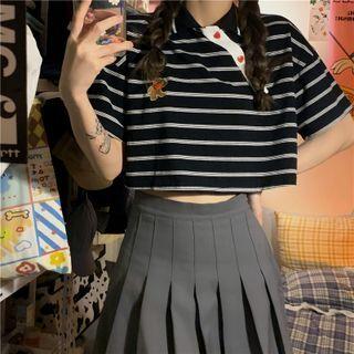 Elbow-sleeve Striped Polo Shirt Stripe - Black & White - One Size