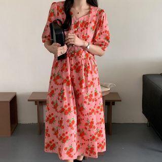 Short-sleeve Floral Midi A-line Dress Floral - Pink & Red - One Size