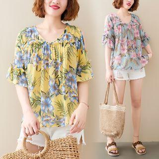Flower Print Cold Shoulder Flared-sleeve Blouse