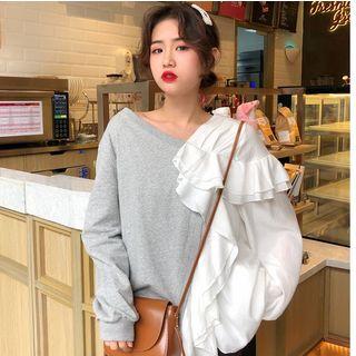 Mock Two-piece Ruffle Trim Long-sleeve T-shirt