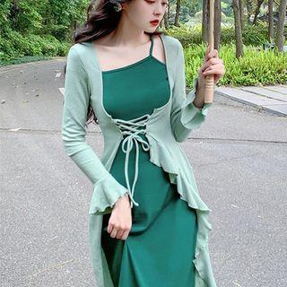 Mock Two-piece Bell-sleeve Lace-up Ruffled Midi A-line Dress