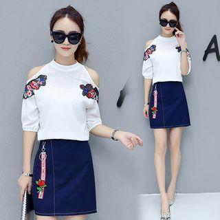 Set : Embroidered Open Shoulder Top + Mini Skirt