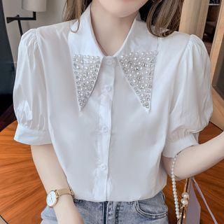 Short-sleeve Embellished Collar Blouse