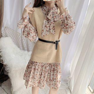 Set: Floral Print Bell-sleeve Midi A-line Dress + Rib Knit Vest