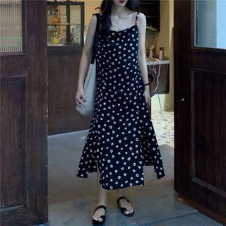 Slit Floral Print Slipdress / Plain Short-sleeve Blouse