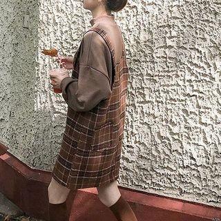 Drop-shoulder Sweatshirt / Plaid Mini Overall Dress / Set
