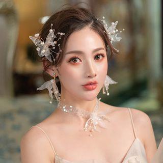 Set: Wedding Flower Headpiece + Choker + Fringed Earring Set Of 4 - Headpiece & Choker & 1 Pair - Clip On Earring - White - One Size