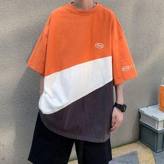 Elbow-sleeve Two-tone Print T-shirt