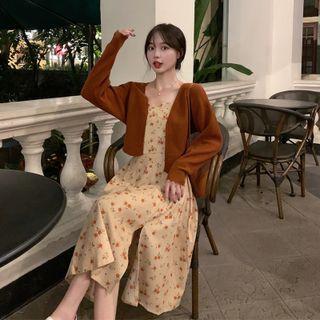 Plain Cardigan / Sleeveless Floral Dress