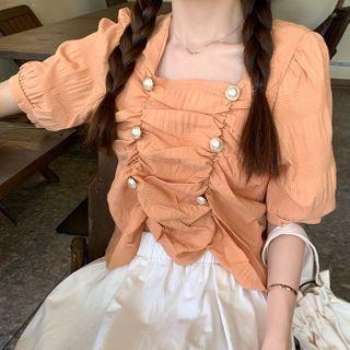 Short-sleeve Embellished Square-neck Chiffon Top