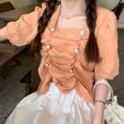 Short-sleeve Embellished Square-neck Chiffon Top