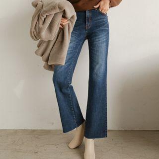 Band-waist Distressed Flare Jeans