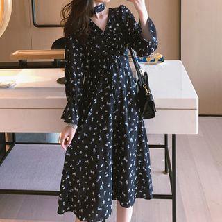 Ruched Front Floral Chiffon Midi Dress