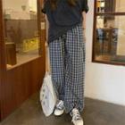 High-waist Plaid Loose Fit Pants Gray - One Size