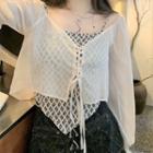 Long-sleeve Off-shoulder Lace-up Cropped Blouse / Print Camisole Top