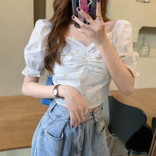 Puff-sleeve Shirred Cherry Printed Blouse Cherry - One Size