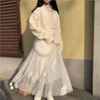 Mock Neck Long-sleeve Lace Top / Cable-knit Cardigan / Midi Mesh Skirt