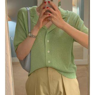 Short-sleeve Collared Knit Top Green - One Size