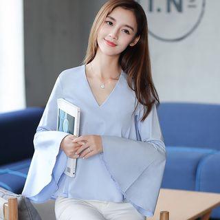 Plain V-neck Bell Long-sleeve Blouse