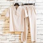 Set: Linen Short-sleeve Top + Harem Pants