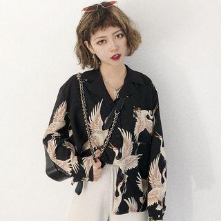 Long-sleeve Crane Print Blouse / Mock Turtleneck Striped Long-sleeve Top
