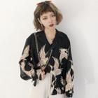 Long-sleeve Crane Print Blouse / Mock Turtleneck Striped Long-sleeve Top