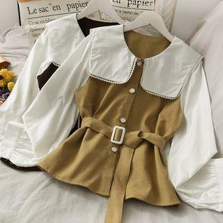 Peter Pan-collar Colorblock Blouse With Belt