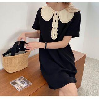 Short-sleeve Ruffled A-line Polo Dress Black - One Size