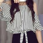 Elbow-sleeve Cold-shoulder Striped Chiffon Blouse