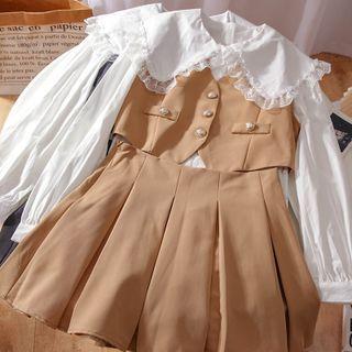 Set: Shirt + Sleeveless Top + Pleated Skirt