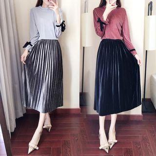 Set: Long-sleeve Top + Pleated Midi Skirt