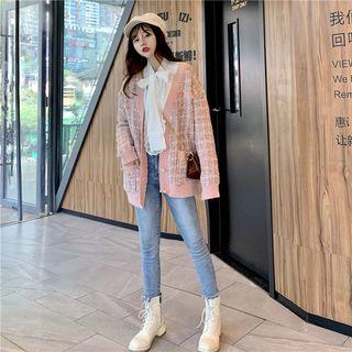 Long-sleeve Lace-panel Shirt / Tweed Cardigan