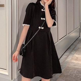 Lace Trim Frog-button Short-sleeve A-line Dress