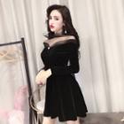 Mesh Panel Long-sleeve Mini A-line Velvet Dress