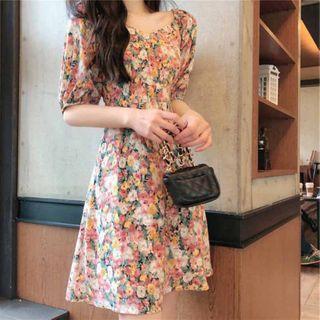 Spaghetti-strap Floral Print Layered A-line Dress
