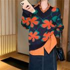 Flower Print Sweater / Plain Shirt / Midi Denim Skirt