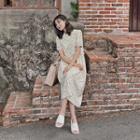 Puff-sleeve Floral A-line Long Dress