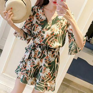 Floral Print V-neck Bell-sleeve Playsuit