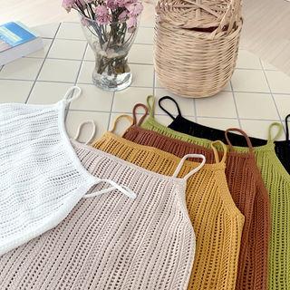 Spaghetti-strap Perforated Rib-knit Top