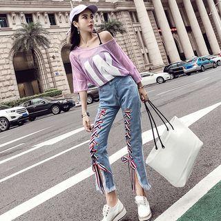 Litter Print T-shirt / Camisole / Lace-up Detail Jeans